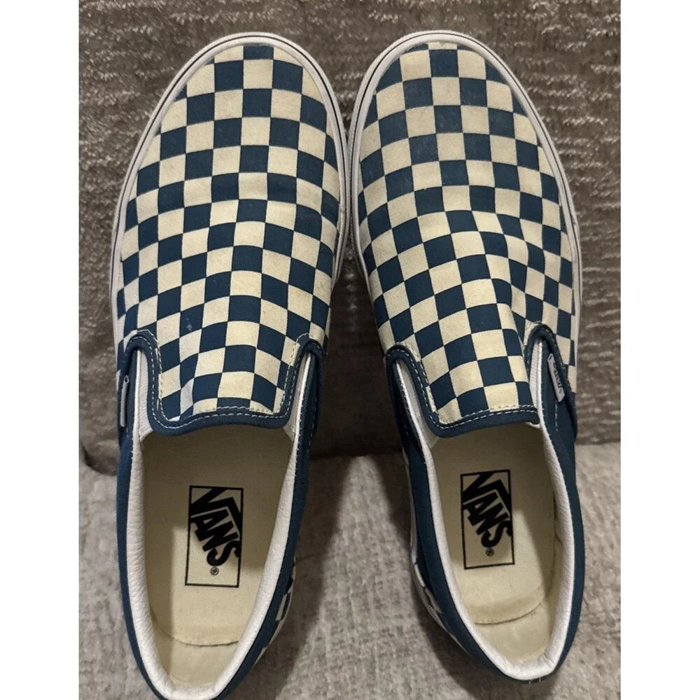 VANS Unisex Blue/Green White Checkerboard Slip On Classic Skate Sneaker M9.5/W11
